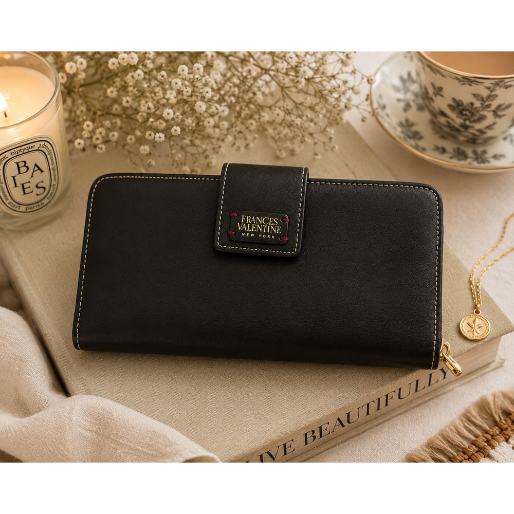 Frances Valentine Kennedy Black Soft Calf Leather Zip Around Wallet